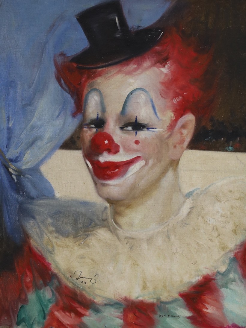 Ken Moroney (1949-2018), oil on board, portrait of a clown together with another 75x50cm